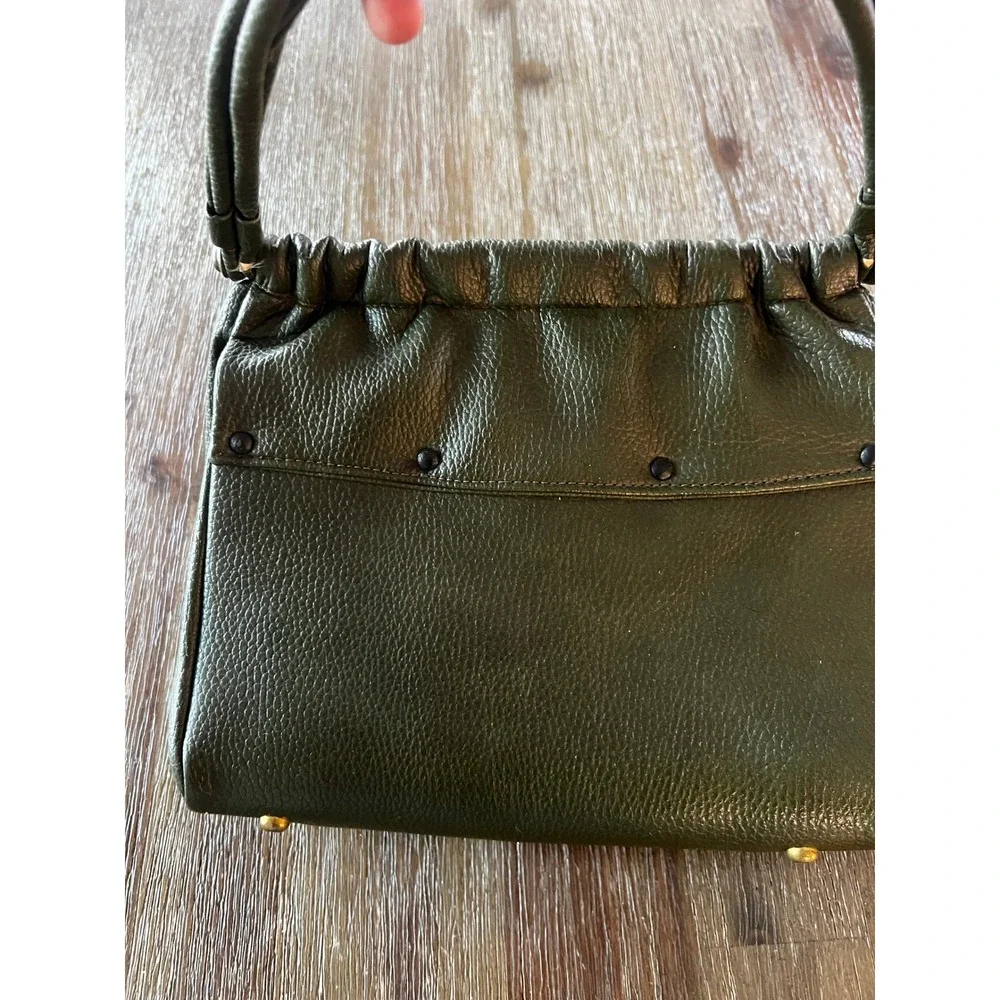 Vintage Pebbled Green Satchel Handbag Brass Turn Lock Top Handle Bag